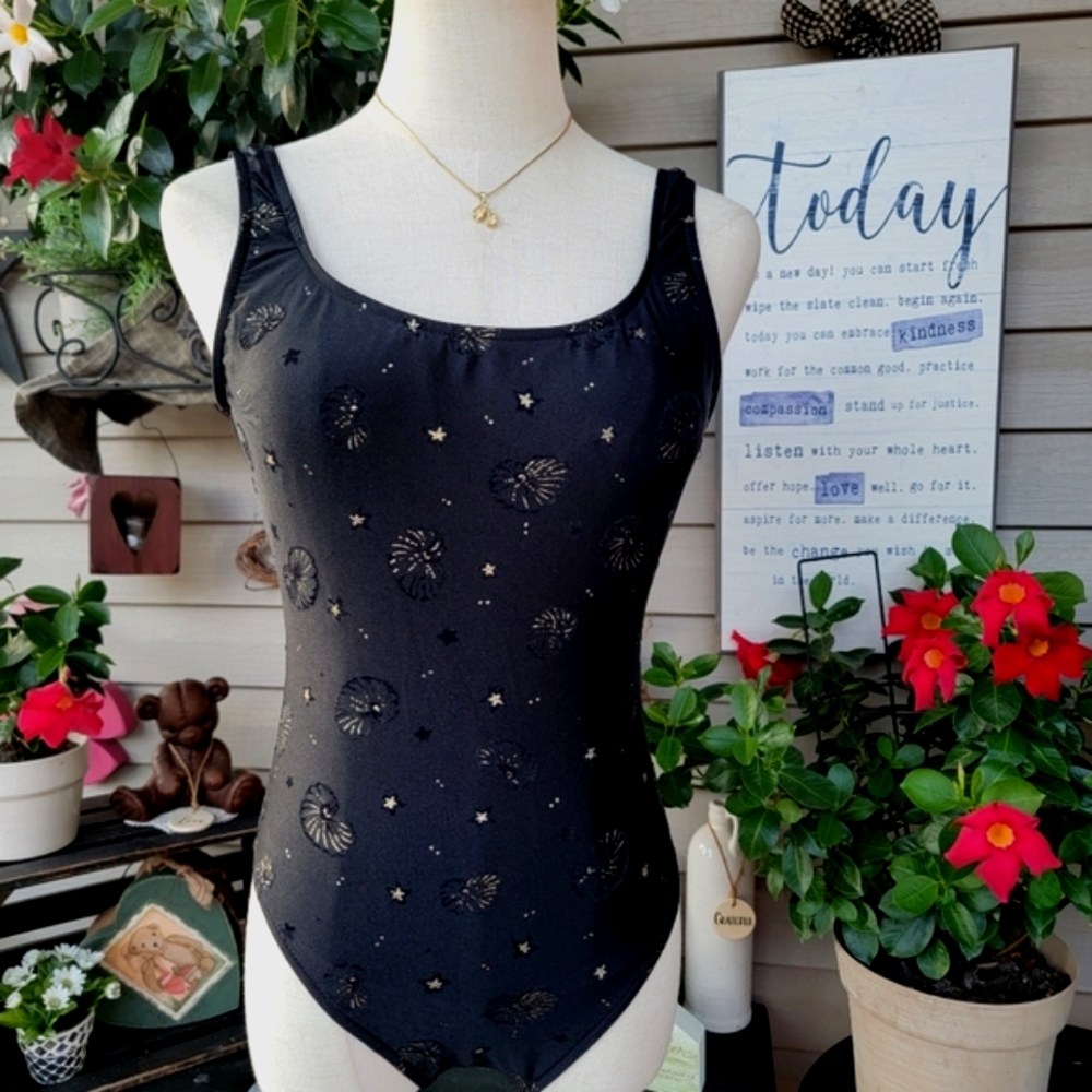 BENDIGO ♡ Gorgeous Vintage 1pc Black 'n Gold Beach Shells Bralette Swimsuit 7